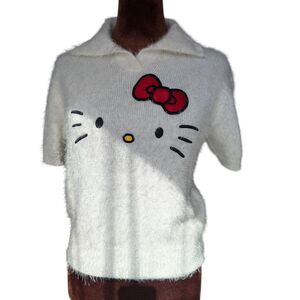 Dolls Kill X Hello Kitty Fuzzy White Eyelash Sweater Top Size S
